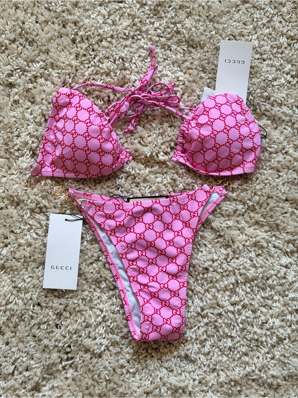 Gucci Pink Logo Triangle Bikini Set